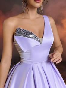 SHEIN Belle Elegant Romantic Purple Satin Sequins One Shoulder Princess Dress Adjustable Back Strap Date Birthday Party Wedding Event Bachelor Party Prom Dress, Wedding Guest Dress - Pink - View 1