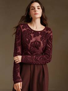 Anewsta Suéter elástico de crochet con cuello redondo transparente y diseño floral 3D, ideal para Navidad - Rojo - Ver 4