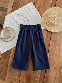 SHEIN Babygirl Cute Blue Button-Decoreted Elastic Waist Casual Pants, Summer - Blue - View 2