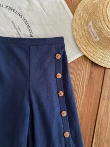 SHEIN Babygirl Cute Blue Button-Decoreted Elastic Waist Casual Pants, Summer - Blue - View 4