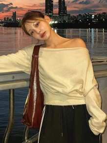 DAZY Women's Oversized Open Shoulder Crew Neck Loose Long Sleeve Sweater, Apricot Color, Spring/Autumn,Fall Women Clothes - Apricot - View 3