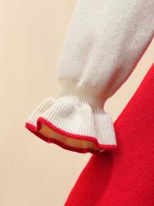 Young Girl Elegant Ruffle Collar Long Sleeve 2 In 1 Waist Cinched A-Line Sweater Dress, Casual & Minimalist - Red - View 5