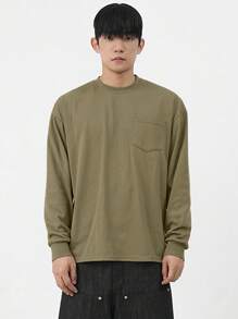 DAZY Camiseta básica casual holgada de unicolor para hombre, otoño e invierno - Verde - Ver 4