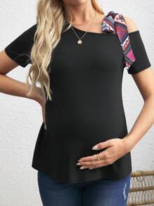 SHEIN Maternity Knot Asymmetrical Shoulder Tee - Black - View 5