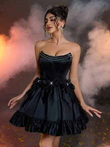 SHEIN Belle Đầm công chúa ống suông ren đen sang trọng, lãng mạn, gợi cảm, dễ thương, không dây, đính đá, nơ eo, dự tiệc sinh nhật, dự tiệc cưới, tiệc Halloween - màu đen - Xem 1