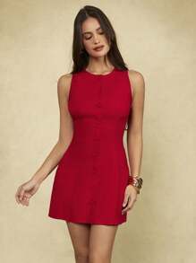 Forever 21 女士无袖纯色简约休闲迷你连衣裙，时尚日常穿着 - 紅色 - 查看 3