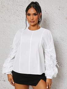 SHEIN SXY Women's Casual Solid Color Ruched Bow Decor Lantern Sleeve T-Shirt, Autumn - White - View 3