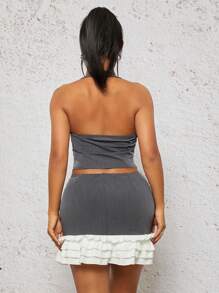 SHEIN SXY 女式纯色系带镂空露背短款上衣和荷叶边下摆迷你裙性感两件套