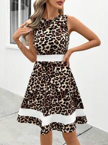SHEIN Clasi Rochie mini de damă, fără mâneci, imprimeu leopard, culoare contrastantă, linie A, ținută elegantă de zi cu zi pentru primăvară și vară - Multicolor - Vizualizare 4