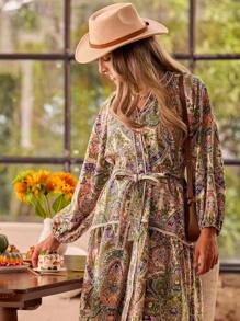 LanaWest Women's Casual Loose Fit Puff Sleeve High-Low Hemline Dress With Paisley Flower Print, Autumn Maxi Women Outfit - Multicolor - View 4