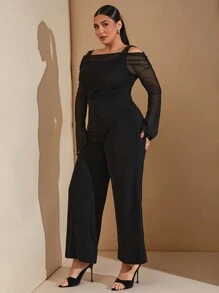 SHEIN BAE Plus Size Women Asymmetrical Sleeveless Top & Straight Leg Wide Leg Jumpsuit, Suitable For Autumn/Winter Dates, Dinners, Christmas - Black - View 1