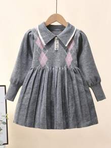 年轻女孩宽松休闲领几何图案褶皱长袖毛衣连衣裙