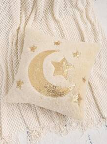 1pc Gold Sequin Cushion Cover, Ramadan Decoration Plush Embroidered Crescent Moon & Star