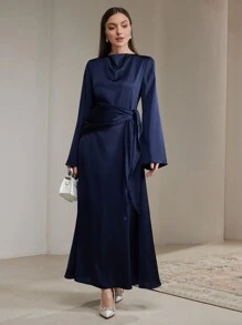 Veilorie Women Elegant Party Solid Color Flare Sleeve Arabic Long Dress Modest - Royal Blue - View 4