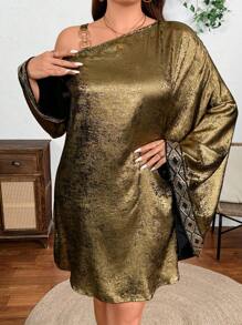 SHEIN Clasi 大码女式圣诞链环拼布耳环和优雅不对称长袖连衣裙，适合新年节日派对服装 - 金色 - 查看 3