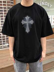 DAZY Kaos Streetwear Kasual Pria dengan Grafis Salib Rhinestone - Hitam - View 5