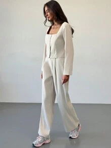 Aloruh Conjunto casual de 2 piezas de blusa de manga larga con cuello cuadrado y botones, y pantalones, para otoño - Caqui - Ver 5