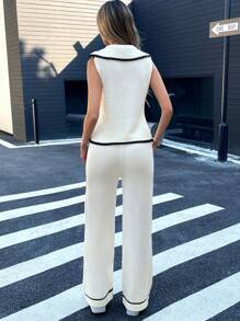 Pariaura Bộ 2 món thời trang công sở tối giản sang trọng cho nữ, áo len chui đầu và quần len - Màu be - Xem 2