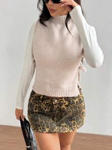 SHEIN Unity Women's Thin Cardigan Vest With Tie Bow Collar, Vacation Style - Apricot - View 6