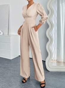 Pariaura Women's Solid Color Simple Daily Long Sleeve Jumpsuit - Apricot - View 5
