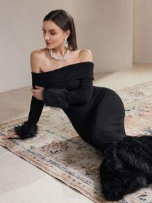 Modelyn 1pc Women's Solid Color Off-Shoulder Furry Long Sleeve Fitted Dress, Elegant Long Evening Dresses