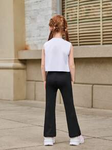 SHEIN Young Girls' Athletic Set, Sleeveless Printed Tank Top + Skinny Flare Stretch Pants, Comfortable For Running, Exercise, Daily Casual, Outdoor Sports - Black and White - View 2