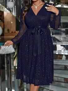 SHEIN Clasi Plus Size Women's Solid Color Rhinestone Decor V-Neck Mesh Long Sleeve Elegant Dress
