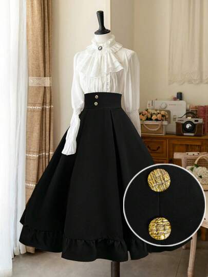 Sweetra 大码女式黑色中世纪风格复古喇叭下摆经典A字长裙