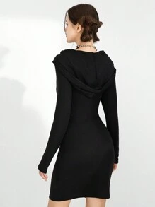 SHEIN Explorewe 青少年女孩休闲设计连帽长袖深色末日风格连衣裙，春/秋 - 黑色 - 查看 2