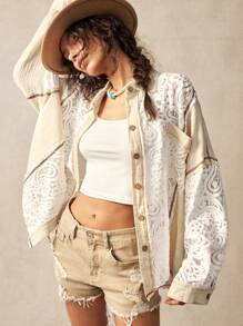 Bohemela Casual Woven Contrast Lace Loose Lapel Front Open Women Blouse - Multicolor - View 8