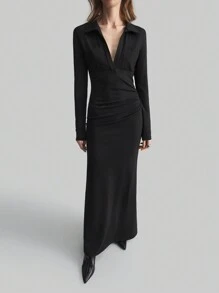 Ontre 2025 Spring Women's Apparel Valentine's Day Knit Dress, Collar Neckline Long Sleeve, Thick Knit Material, Simple And Elegant For Formal Event, Party Dress