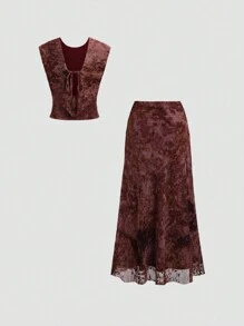 SHEIN Unity 2pcs/Set Women Casual Crew Neck Sleeveless Top And Skirt Set - Black - View 2