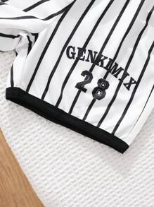 SHEIN 2pcs/Set Boys Striped Baseball Jacket + Matching Loose Shorts, Contrast-Color Trim - White - View 3
