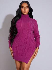 Zolique Neuer lila Pulloverkleid für Damen mit Rollkragen, Zopfmuster und Schlitz, für Herbst/Winter