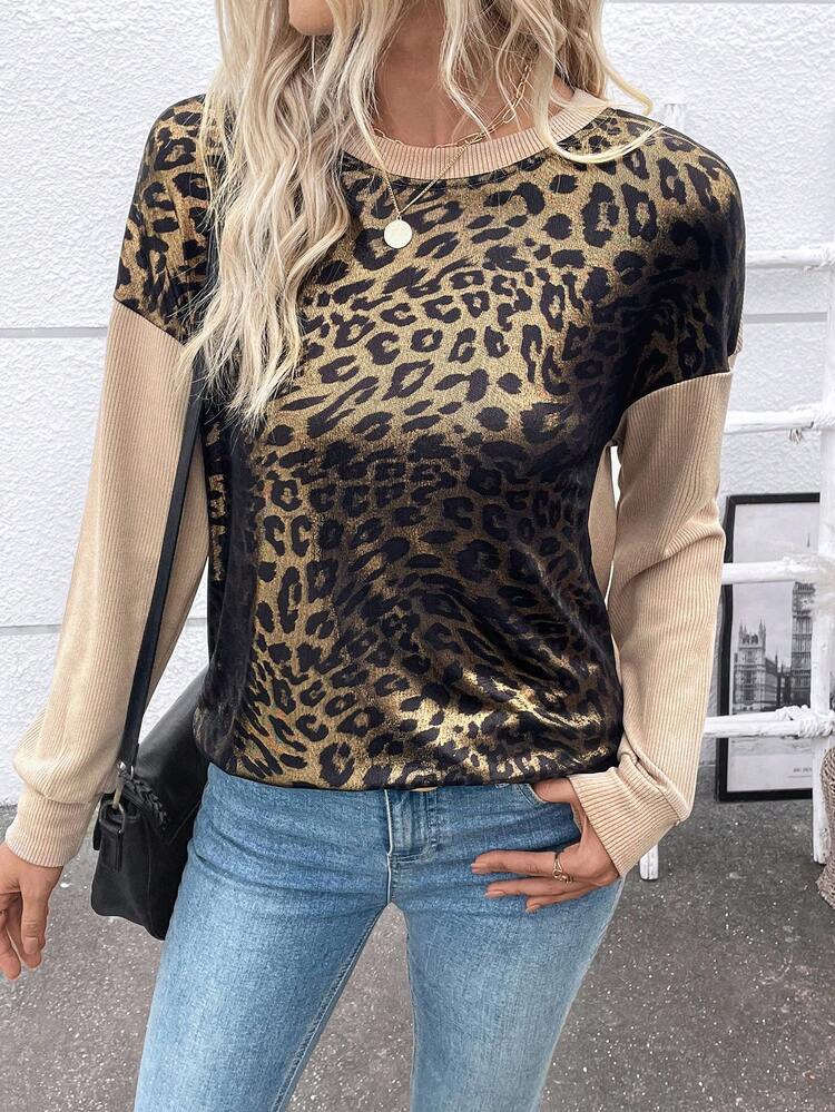 SHEIN LUNE Sudadera informal con bloques de color, estampado de leopardo y parches, jersey de otoño - Caqui - Añade 3