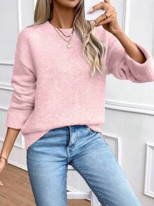 EMERY ROSE Women's Casual Solid Color Drop Shoulder Sweater, Autumn/Winter Knit Pullover Fall - Pink - View 7