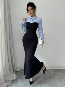 Rafferiza Elegant Bodycon AB Paneled High Slit Long Sleeve Open Cuff Fish Hem Stripe Mixed Knit Dress For Women, Autumn/Winter Maxi Women Outfit Fall Cloth For Women - Multicolor - View 7