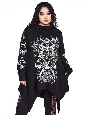 Goth Plus Size Women Gothic Asymmetrical Hem Cotton Hooded Sweatshirt With Pockets