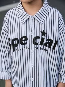 Young Boy Korean Style Long Sleeve Striped Letter Design Casual Shirt Top, Solid Color Comfortable Cargo Pants With Star Print, 2 Pieces Outfit, Chic And Stylish - Multicolor - View 7