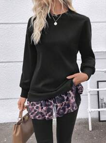 SHEIN LUNE Sudadera informal con estampado de leopardo y parches, jersey de otoño/invierno - Negro - Ver 5