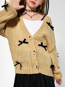 SHEIN 少女針織開襟衫，寬鬆版型黑色蝴蝶結裝飾開襟衫，適合秋季，可愛返校假期日常穿著，派對與萬聖節 - 卡其色 - 查看 3