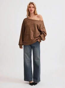 Flirla 1pc Women's Casual Versatile Classic Simple Comfortable Strapless Loose Suede-Like Long Sleeve Sweatshirt, Brown, Autumn/Winter