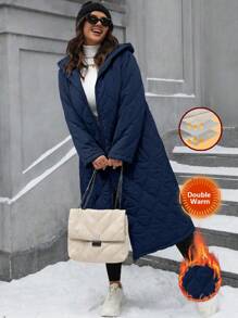 SHEIN LUNE Plus Size Casual Solid Color Hooded Long Winter Clothes Puffer Jacket Fall Cloth For Women Autumn - Navy Blue - View 1