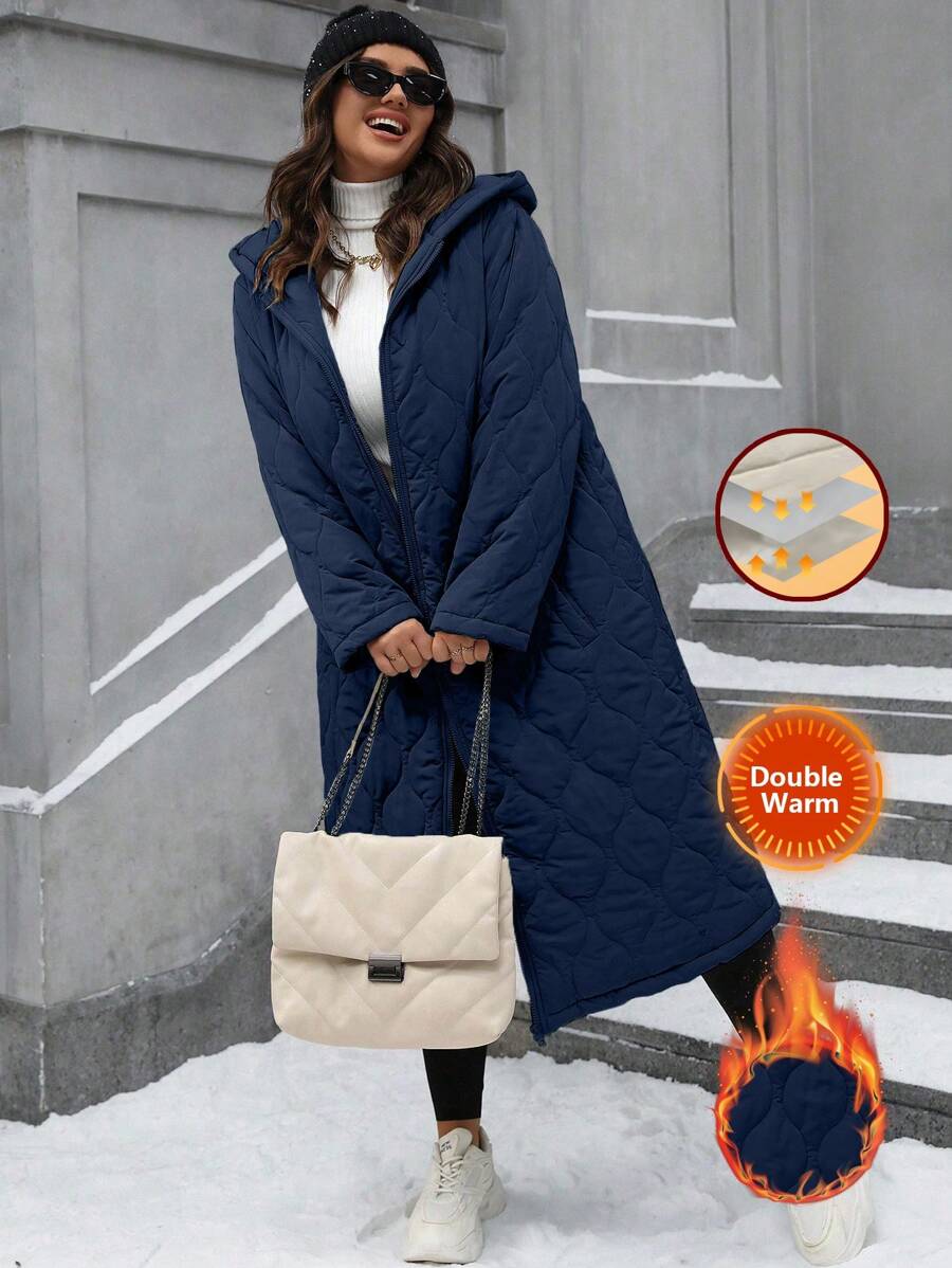 SHEIN LUNE Plus Size Casual Solid Color Hooded Long Winter Clothes Puffer Jacket Fall Cloth For Women Autumn - Navy Blue - View 1