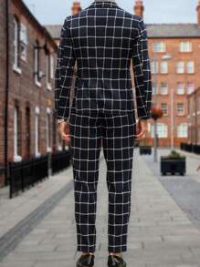 Manfinity Homme Men's Casual Commuting Plaid Jacket & Pants Suit (Not Matched) - Navy Blue - View 2