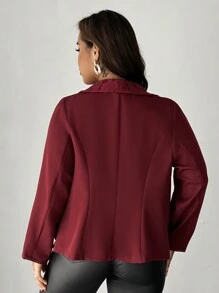 SHEIN Unity 大码女式优雅休闲时尚通勤纯色蕾丝拼布翻领长袖夹克搭配蕾丝荷叶边下摆 - 酒紅色 - 查看 2