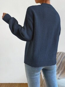 Chiquease Casual Solid Color Drop Shoulder Knit Sweater, Autumn/Winter Knit Pullover Fall - Blue - View 2