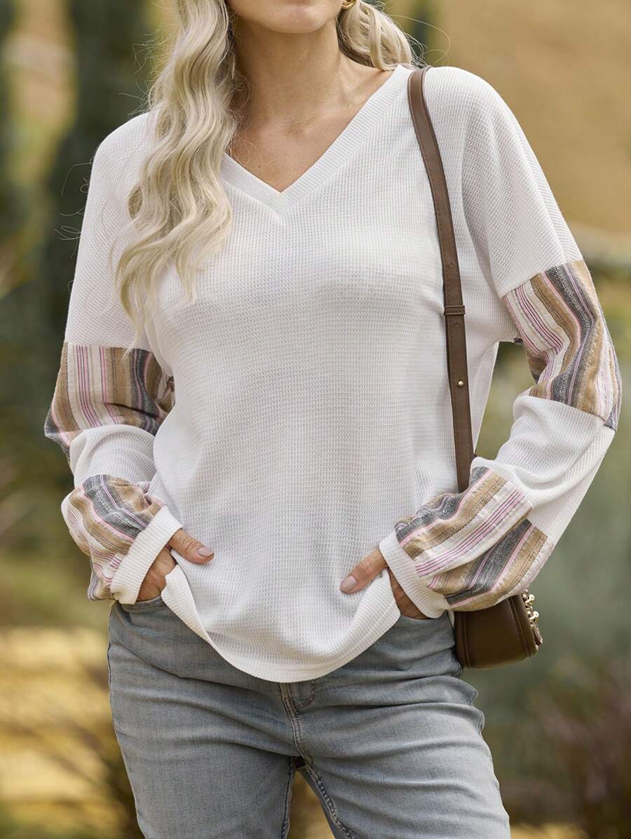 LanaWest Women's Casual Loose Fit Color Block Long Sleeve V-Neck T-Shirt, Versatile Fashion For Spring & Autumn Graphic Tees Women Tops For Spring