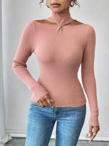 SHEIN Unity كنزة صوفية محبوكة طويلة الأكمام بياقة عالية وفتحات على الكتف للنساء في فصلي الخريف والشتاء - وردي المرجاني - مشاهدة 3