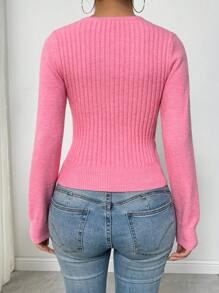 Chiquease Women Elegant Round Neck Button Detail Slim Fit Solid Color Sweater, Autumn/Winter